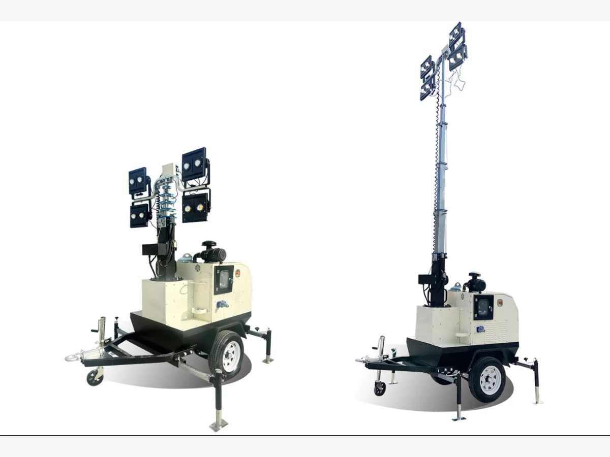 BMNVH1600 mobile light tower shown with lowered and raised mast